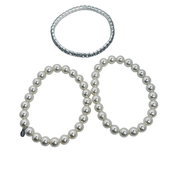 Lot Of 3 Roman Stretch Bracelets 2 Faux Pearl & 1 Silver Tone Rhinestone (5498) - Picture 3 of 6